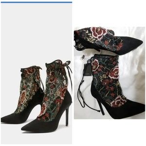 Zara bootie heel floral embroidered stocking style